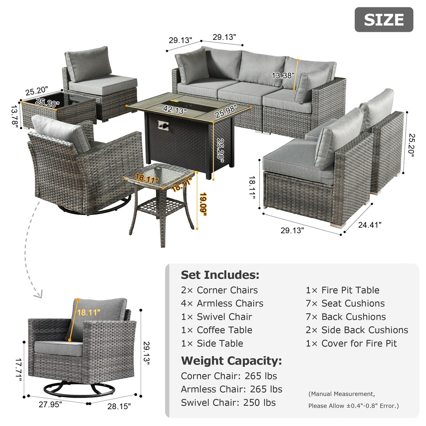 XIZZI 10-piece Patio Furniture Outdoor Seating Set with Fire Table