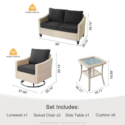 XIZZI 4-piece Patio Wicker Furniture Loveseat Set with Swivel Chair