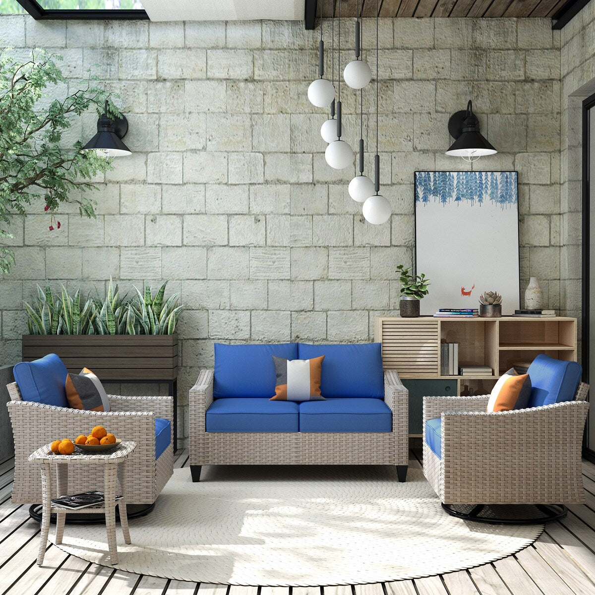 XIZZI 4-piece Patio Wicker Furniture Loveseat Set with Swivel Chair