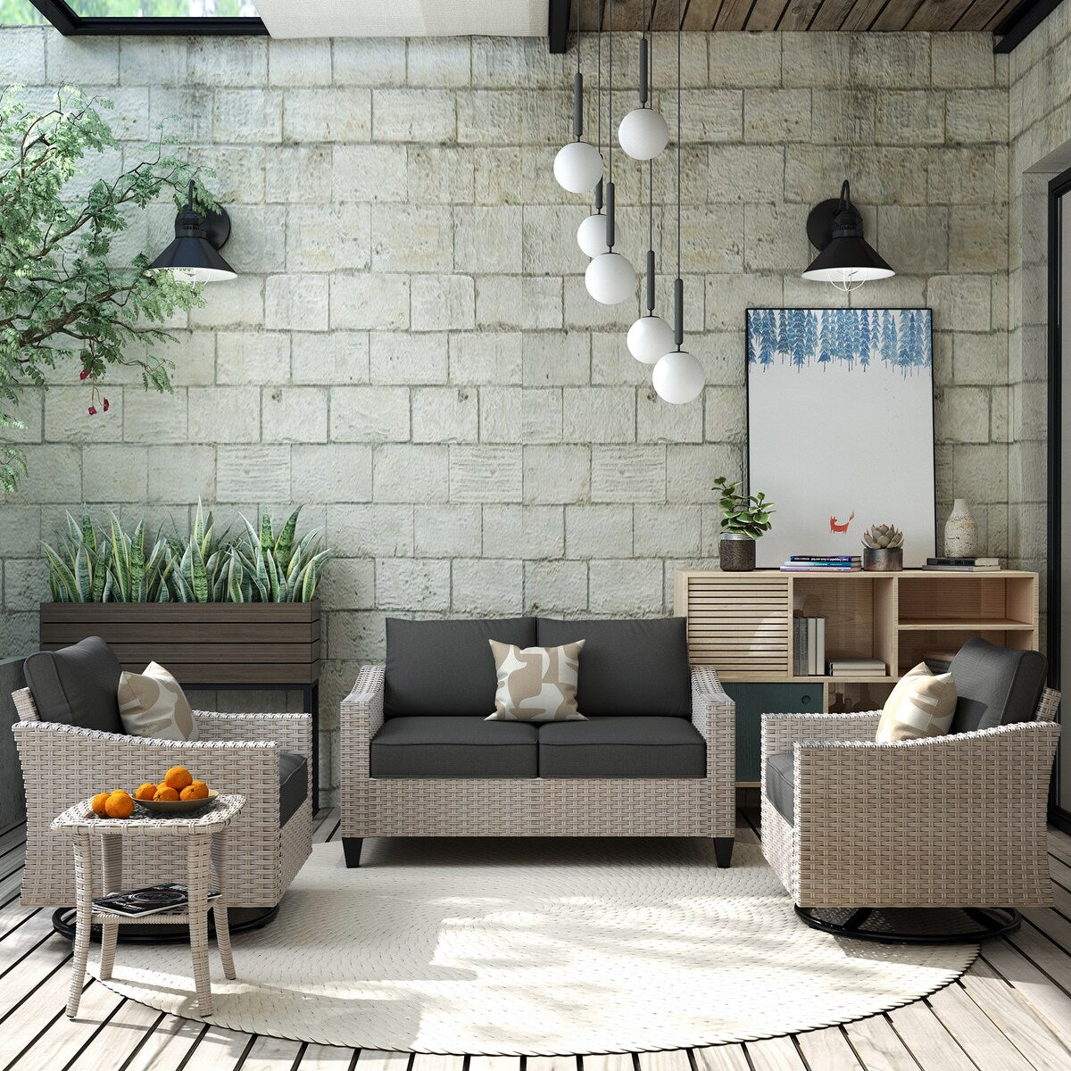 XIZZI 4-piece Patio Wicker Furniture Loveseat Set with Swivel Chair