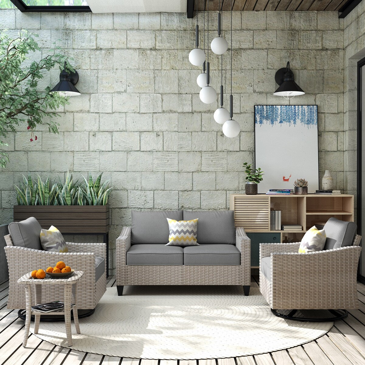 XIZZI 4-piece Patio Wicker Furniture Loveseat Set with Swivel Chair