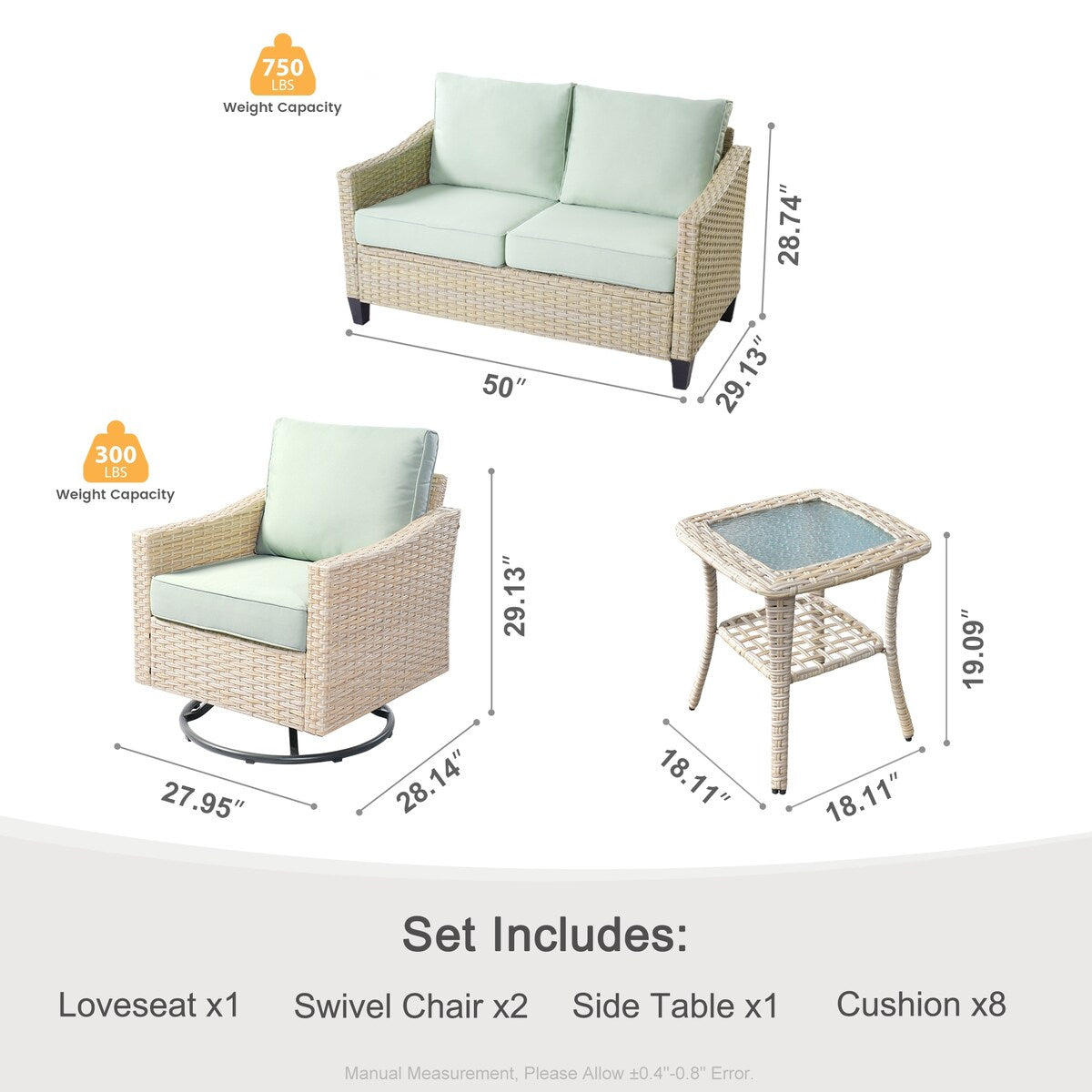 XIZZI 4-piece Patio Wicker Furniture Loveseat Set with Swivel Chair