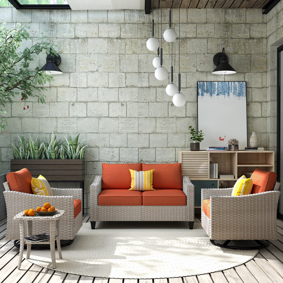 XIZZI 4-piece Patio Wicker Furniture Loveseat Set with Swivel Chair