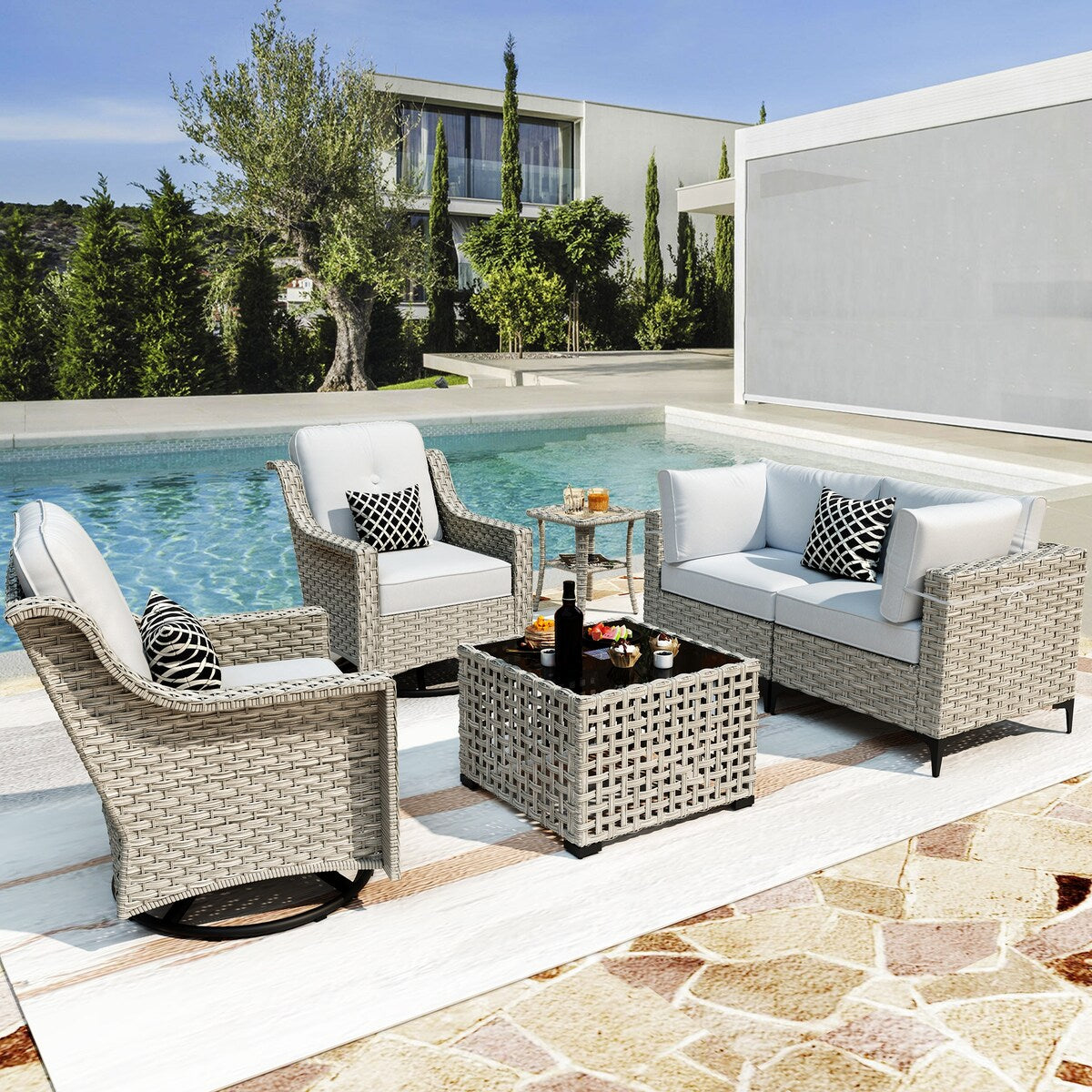 XIZZI 6-piece Patio Furniture Wicker Conversation Set with Swivel Chair