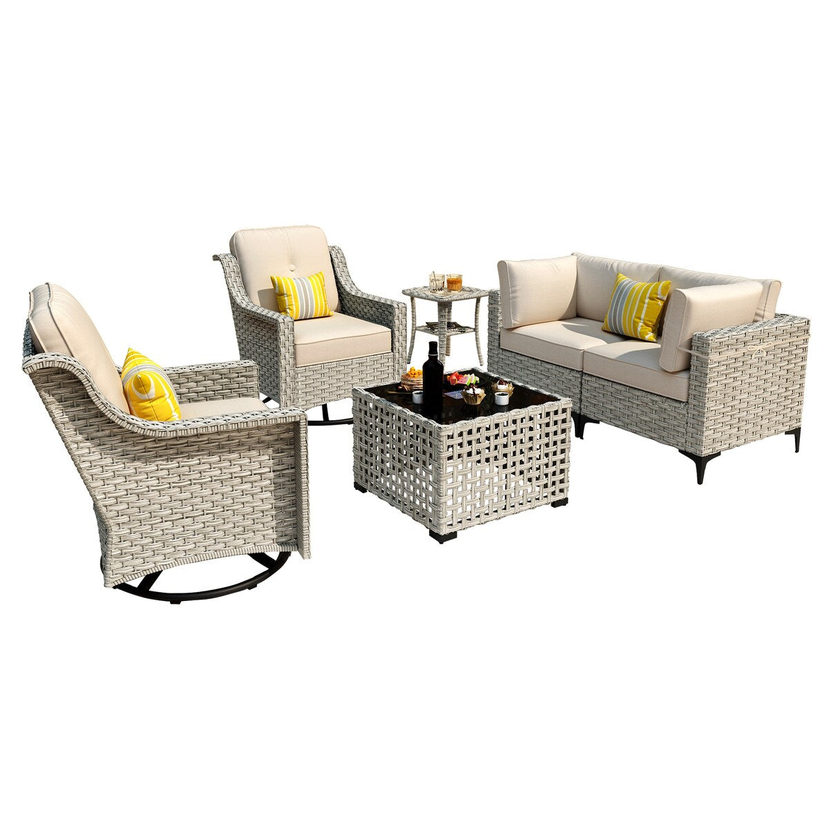 XIZZI 6-piece Patio Furniture Wicker Conversation Set with Swivel Chair