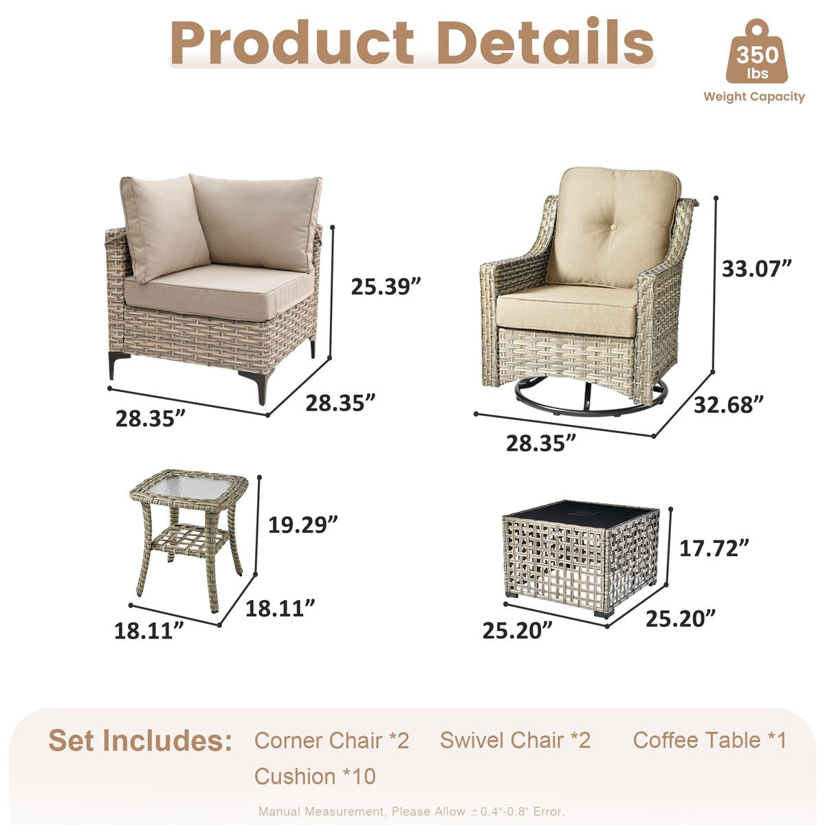 XIZZI 6-piece Patio Furniture Wicker Conversation Set with Swivel Chair