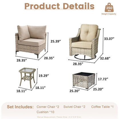 XIZZI 6-piece Patio Furniture Wicker Conversation Set with Swivel Chair