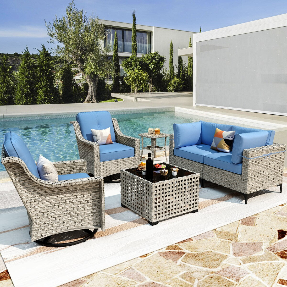 XIZZI 6-piece Patio Furniture Wicker Conversation Set with Swivel Chair