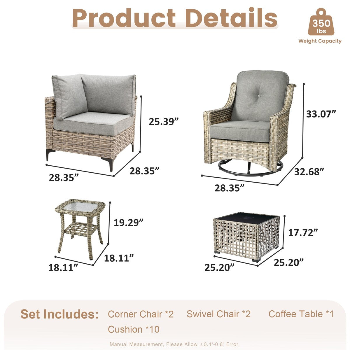 XIZZI 6-piece Patio Furniture Wicker Conversation Set with Swivel Chair