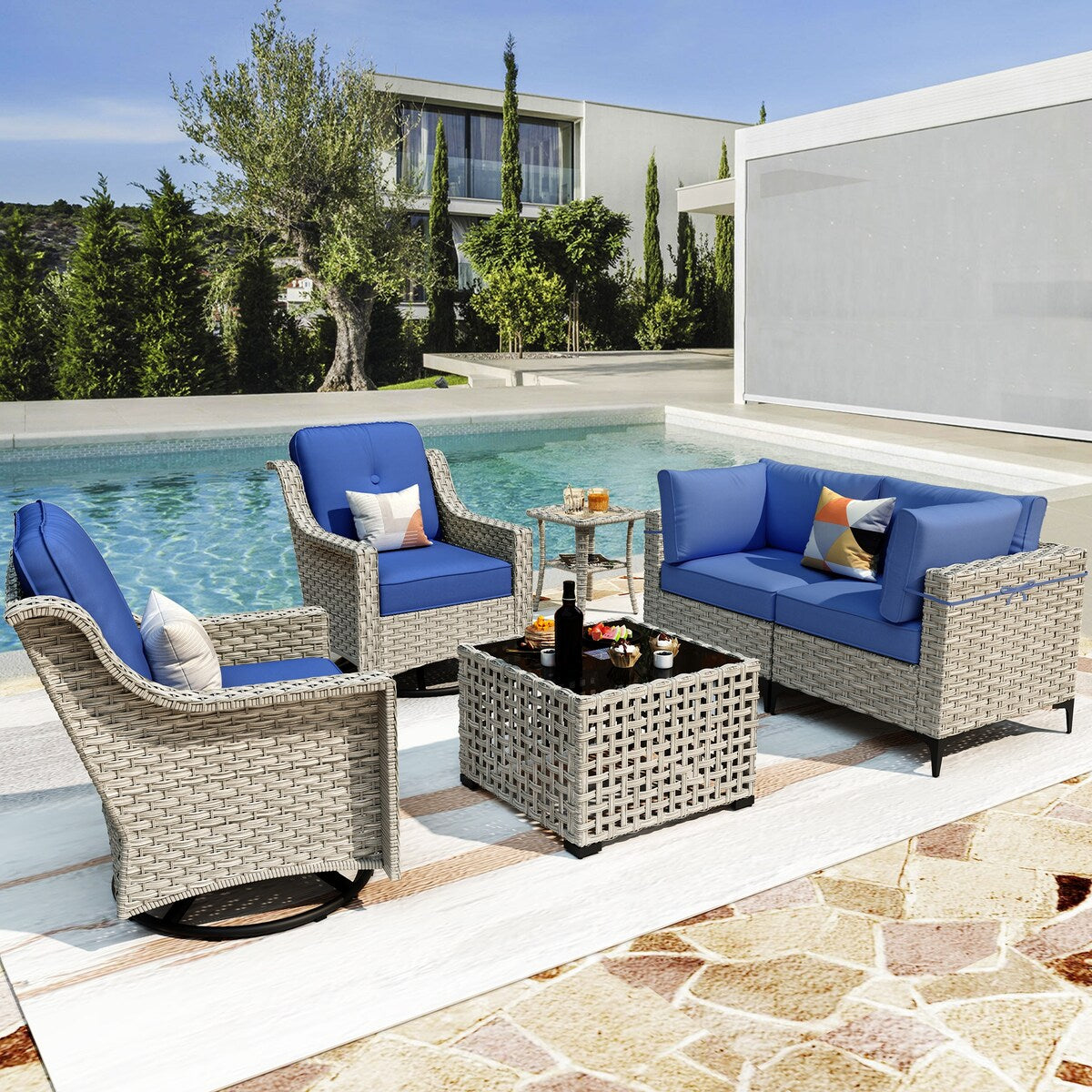XIZZI 6-piece Patio Furniture Wicker Conversation Set with Swivel Chair