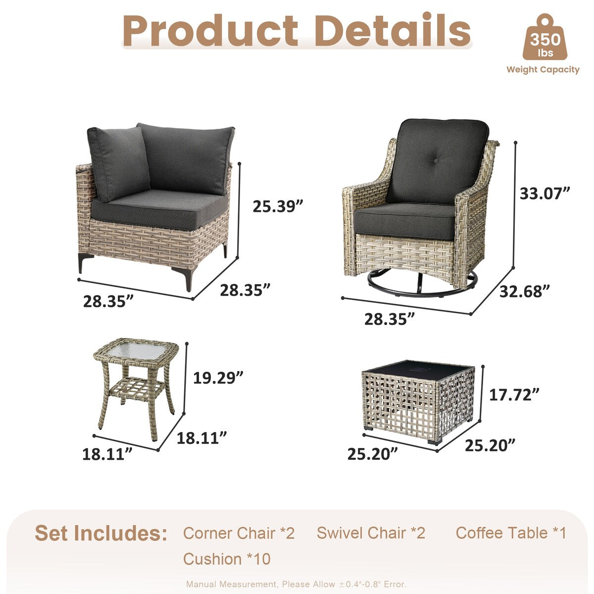 XIZZI 6-piece Patio Furniture Wicker Conversation Set with Swivel Chair