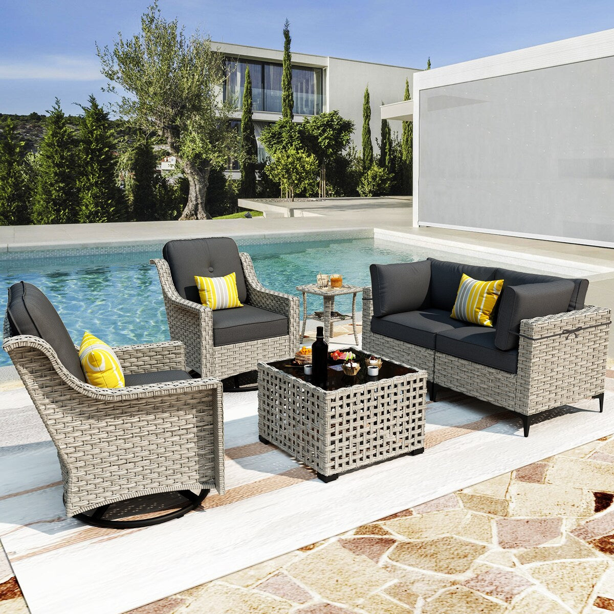 XIZZI 6-piece Patio Furniture Wicker Conversation Set with Swivel Chair