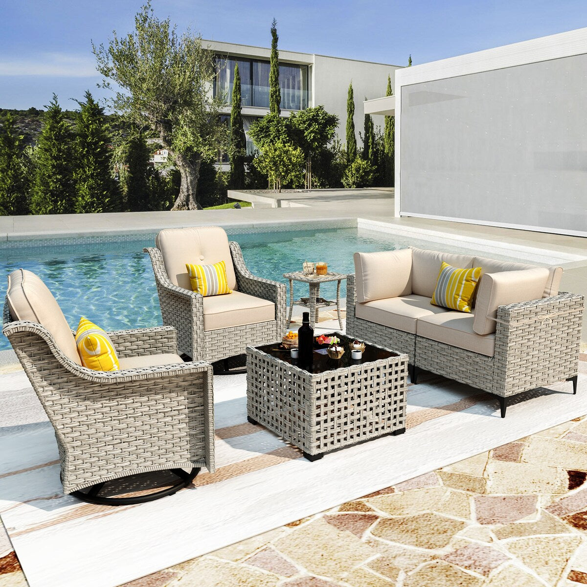 XIZZI 6-piece Patio Furniture Wicker Conversation Set with Swivel Chair
