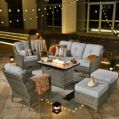XIZZI 6-piece Rattan Wicker Outdoor Furniture Deep Seat Sofa Set with Fire Pit