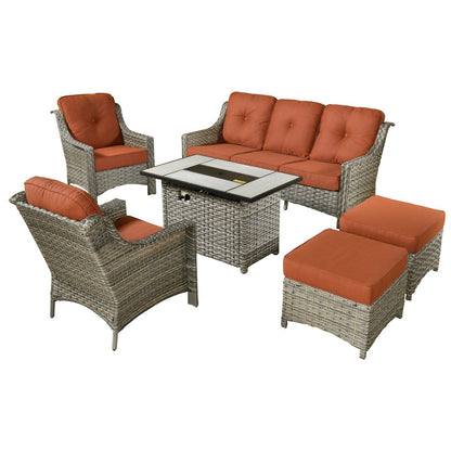 XIZZI 6-piece Rattan Wicker Outdoor Furniture Deep Seat Sofa Set with Fire Pit