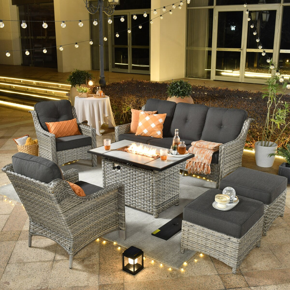 XIZZI 6-piece Rattan Wicker Outdoor Furniture Deep Seat Sofa Set with Fire Pit