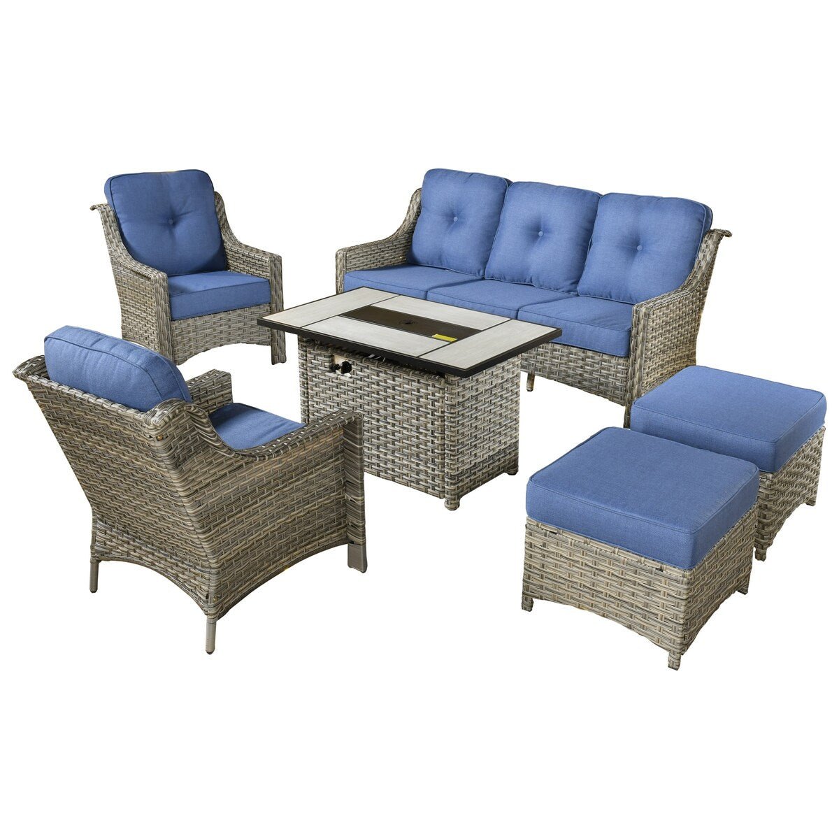XIZZI 6-piece Rattan Wicker Outdoor Furniture Deep Seat Sofa Set with Fire Pit