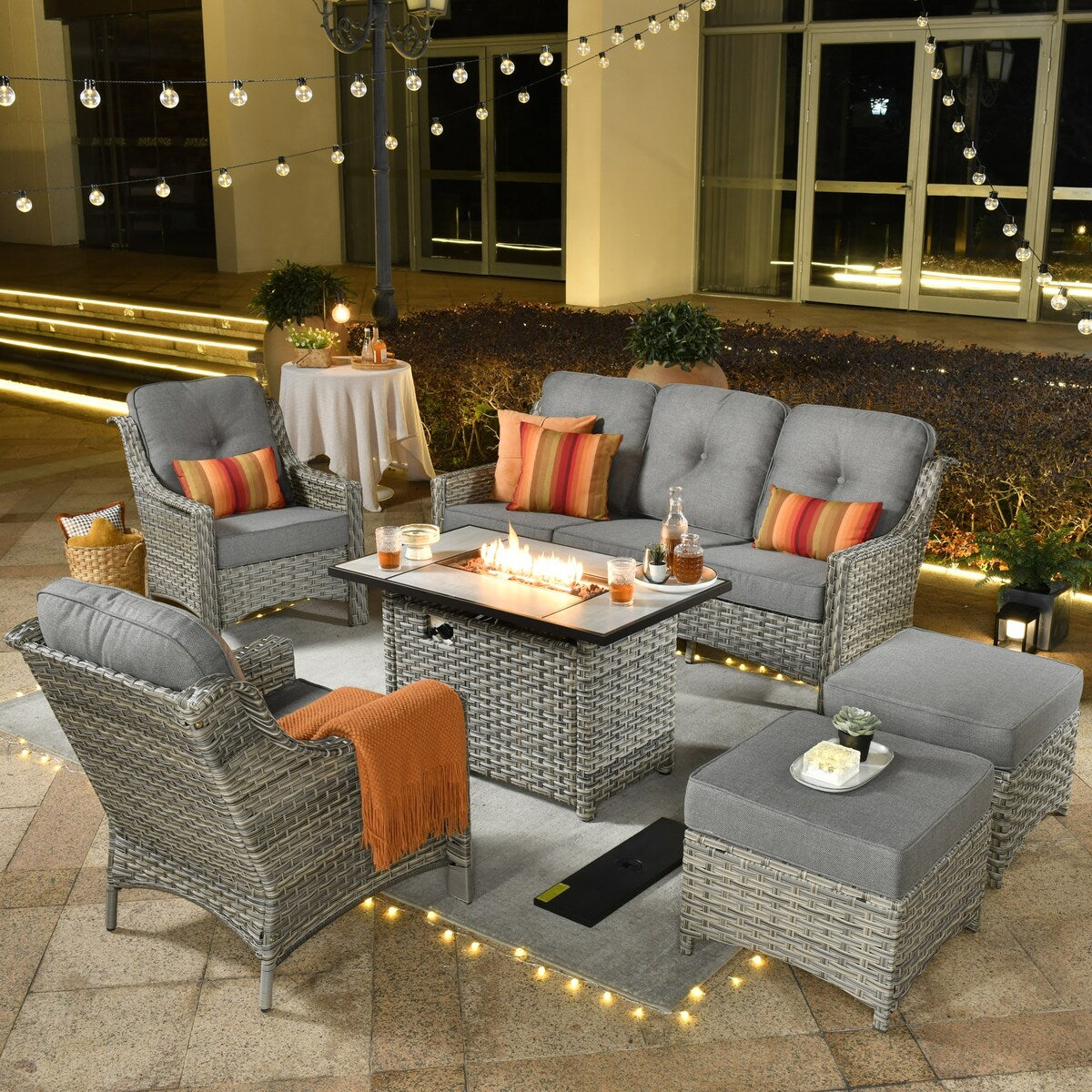 XIZZI 6-piece Rattan Wicker Outdoor Furniture Deep Seat Sofa Set with Fire Pit