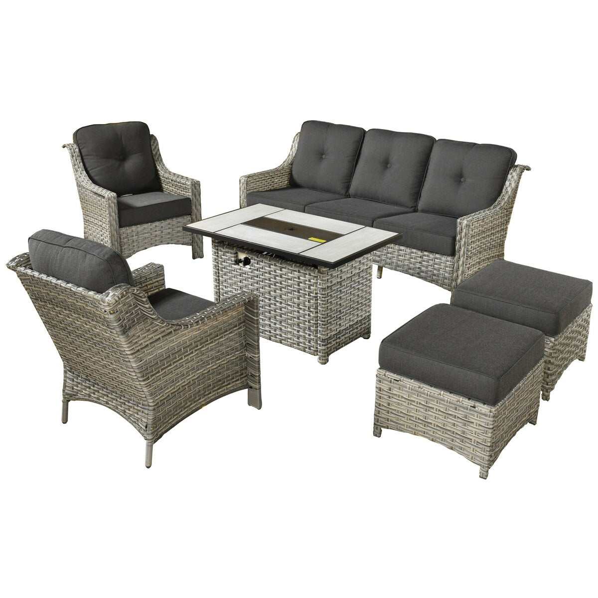 XIZZI 6-piece Rattan Wicker Outdoor Furniture Deep Seat Sofa Set with Fire Pit
