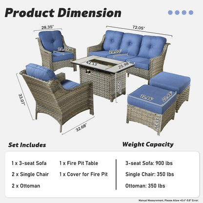 XIZZI 6-piece Rattan Wicker Outdoor Furniture Deep Seat Sofa Set with Fire Pit
