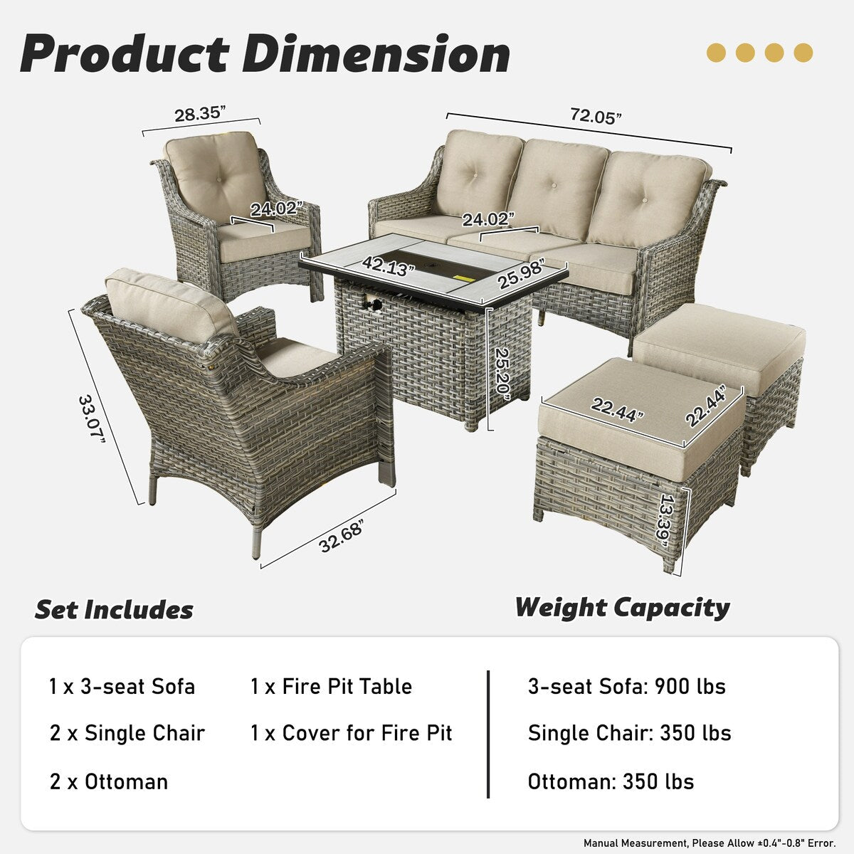 XIZZI 6-piece Rattan Wicker Outdoor Furniture Deep Seat Sofa Set with Fire Pit