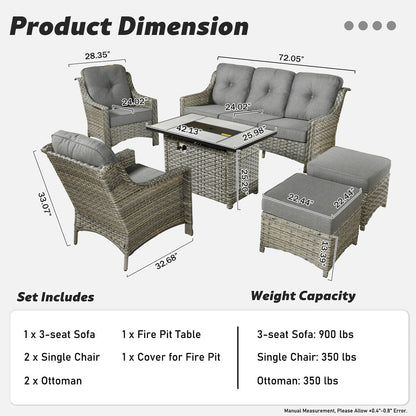 XIZZI 6-piece Rattan Wicker Outdoor Furniture Deep Seat Sofa Set with Fire Pit