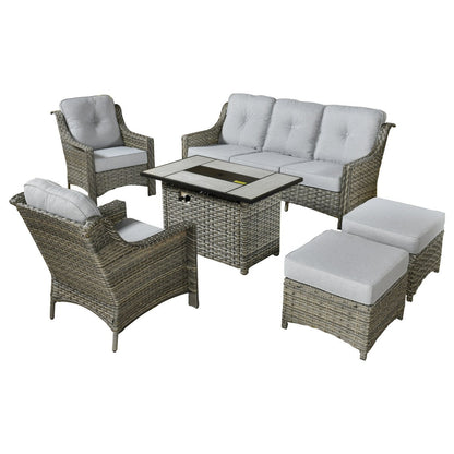 XIZZI 6-piece Rattan Wicker Outdoor Furniture Deep Seat Sofa Set with Fire Pit