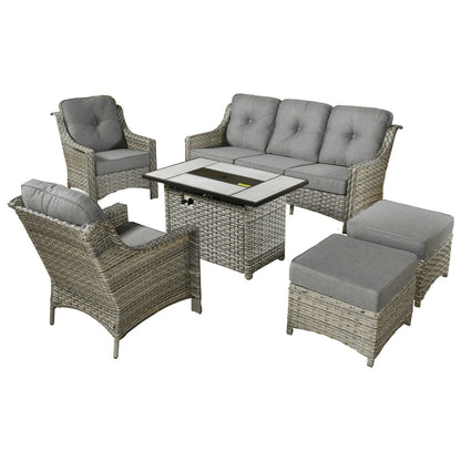 XIZZI 6-piece Rattan Wicker Outdoor Furniture Deep Seat Sofa Set with Fire Pit