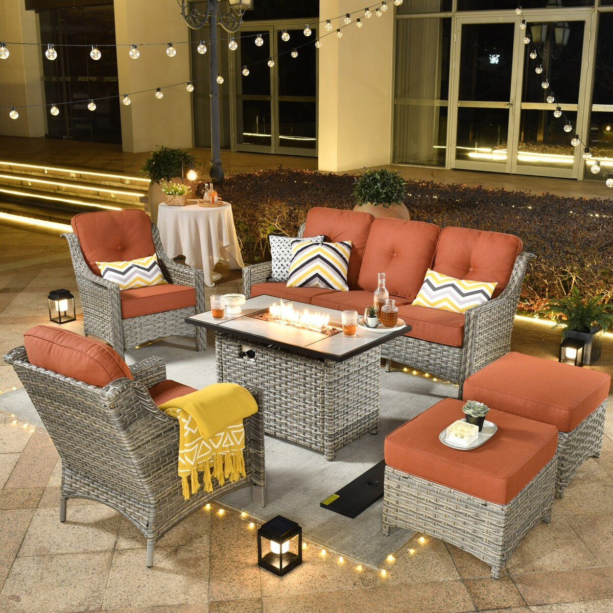 XIZZI 6-piece Rattan Wicker Outdoor Furniture Deep Seat Sofa Set with Fire Pit