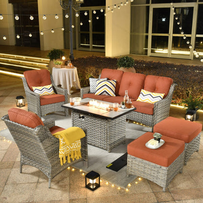 XIZZI 6-piece Rattan Wicker Outdoor Furniture Deep Seat Sofa Set with Fire Pit