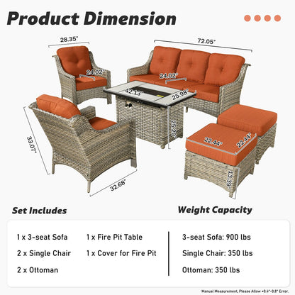 XIZZI 6-piece Rattan Wicker Outdoor Furniture Deep Seat Sofa Set with Fire Pit