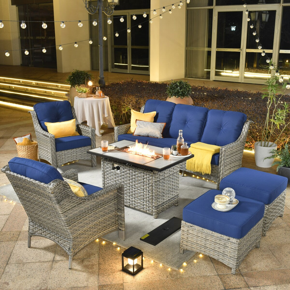XIZZI 6-piece Rattan Wicker Outdoor Furniture Deep Seat Sofa Set with Fire Pit