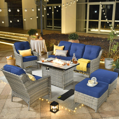 XIZZI 6-piece Rattan Wicker Outdoor Furniture Deep Seat Sofa Set with Fire Pit
