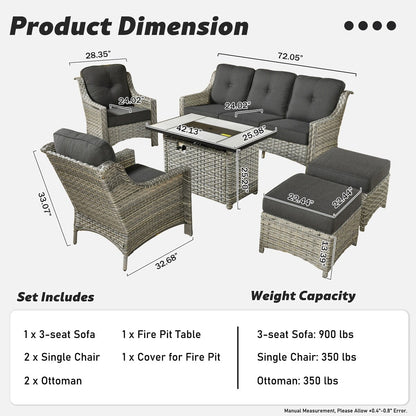 XIZZI 6-piece Rattan Wicker Outdoor Furniture Deep Seat Sofa Set with Fire Pit