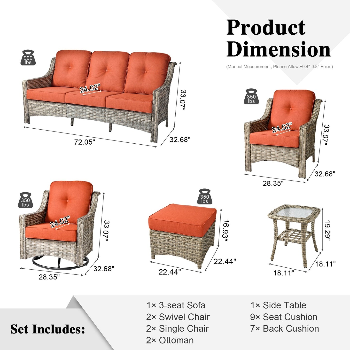 XIZZI 8-piece Patio Furniture Set Wicker Outdoor Seating Swivel Chairs