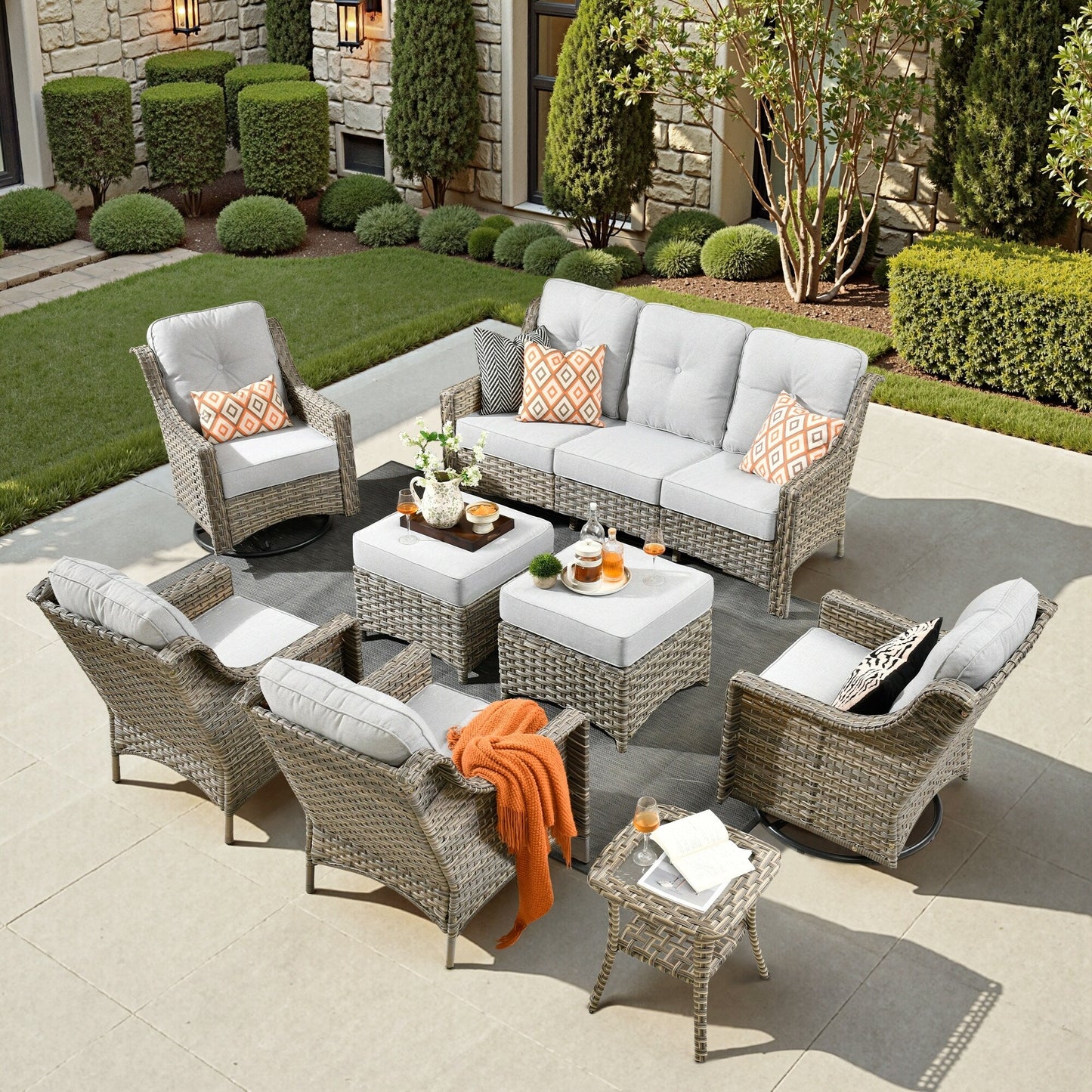 XIZZI 8-piece Patio Furniture Set Wicker Outdoor Seating Swivel Chairs