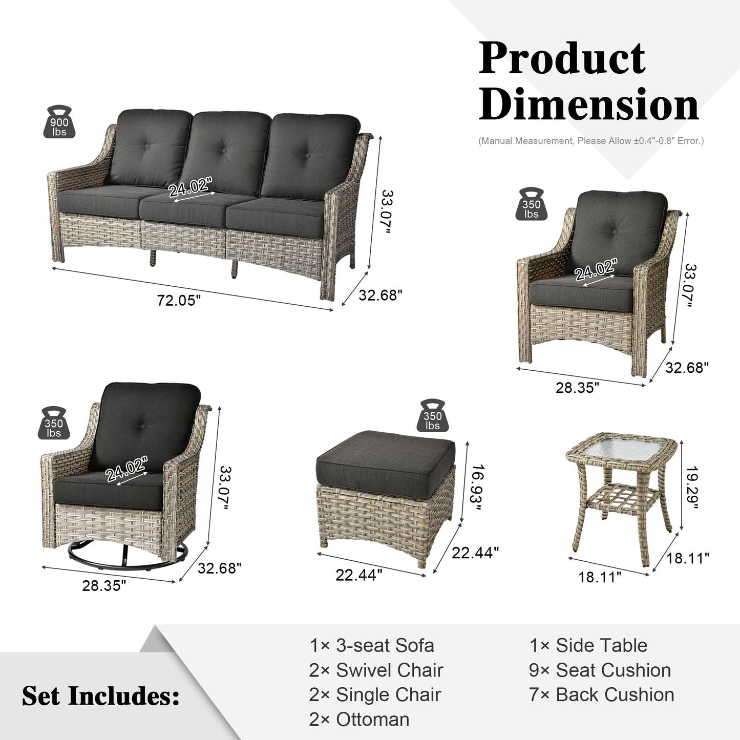 XIZZI 8-piece Patio Furniture Set Wicker Outdoor Seating Swivel Chairs