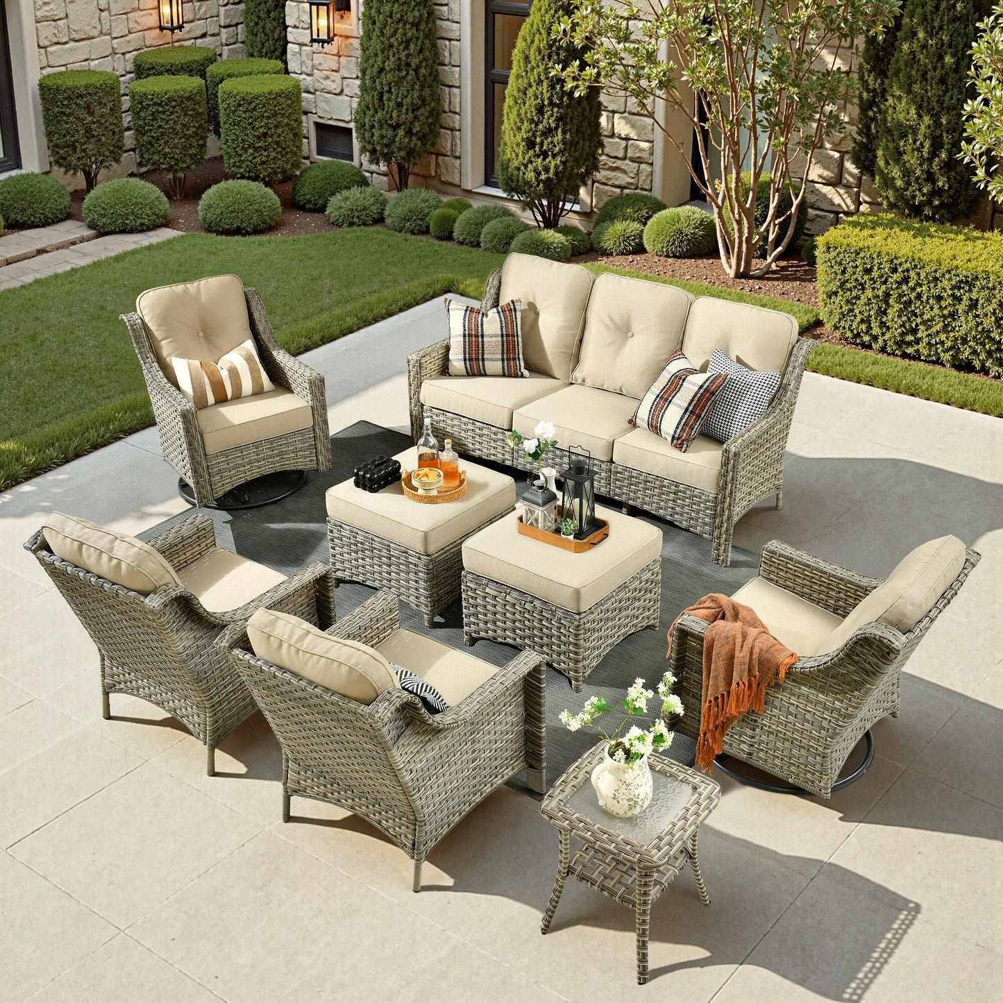 XIZZI 8-piece Patio Furniture Set Wicker Outdoor Seating Swivel Chairs