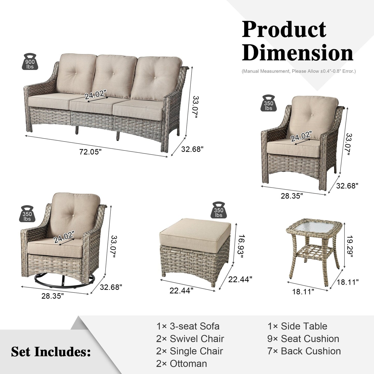 XIZZI 8-piece Patio Furniture Set Wicker Outdoor Seating Swivel Chairs