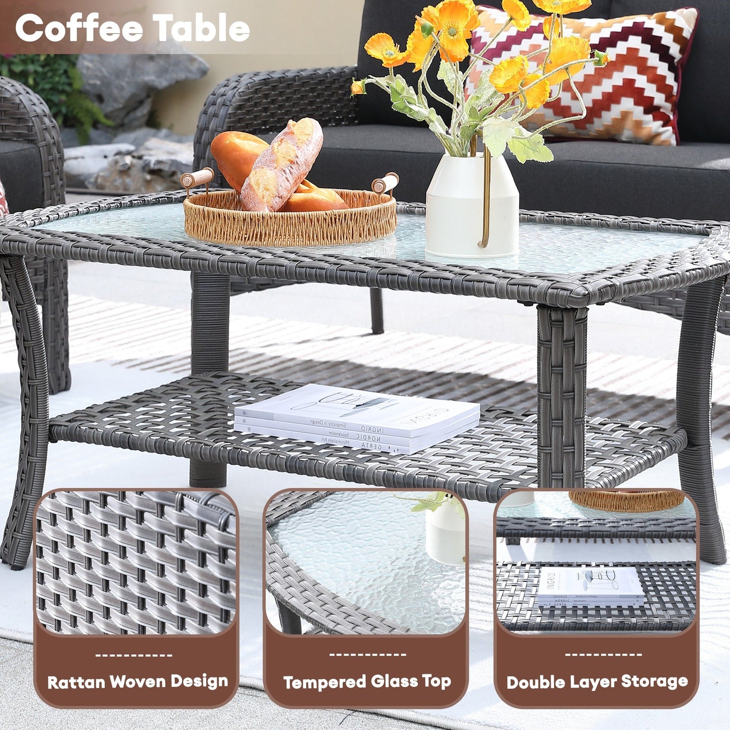 XIZZI 4-piece Outdoor Patio Furniture Conversation Set with Table
