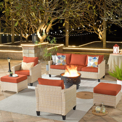 XIZZI 6-piece Patio Wicker Furniture with Wood Burning Fire Pit