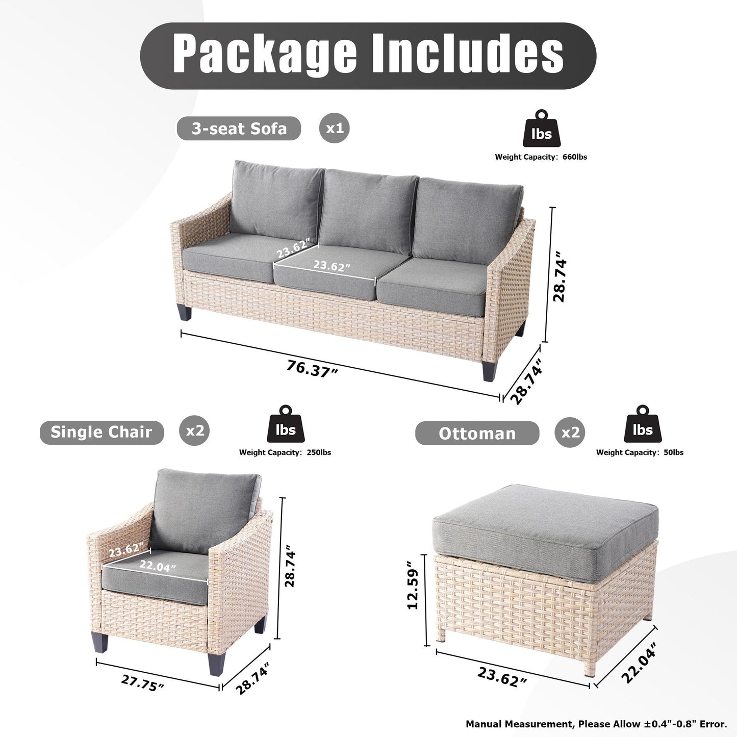 XIZZI 5-piece Outdoor Patio Furniture Rattan Wicker Conversation Sofa Set