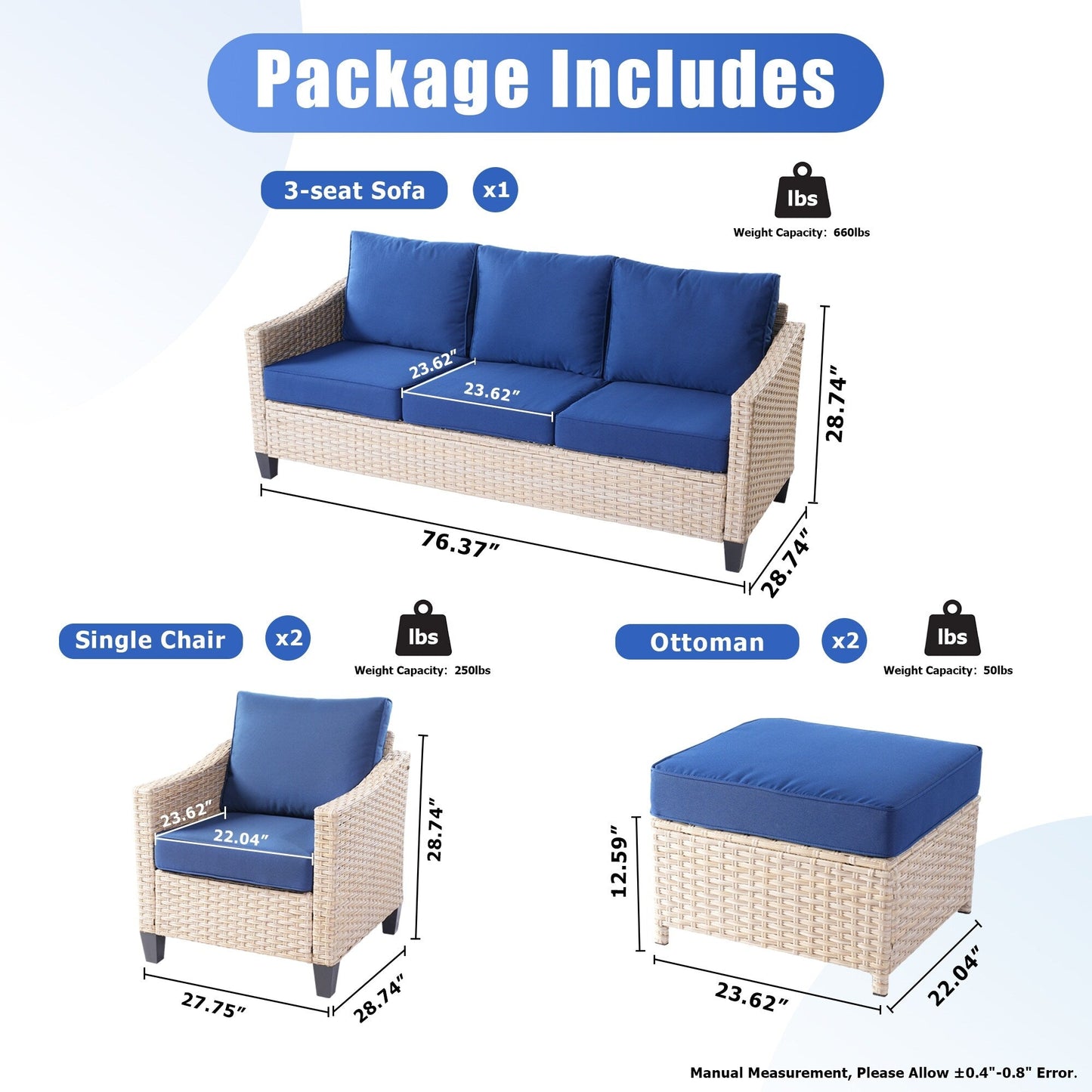 XIZZI 5-piece Outdoor Patio Furniture Rattan Wicker Conversation Sofa Set