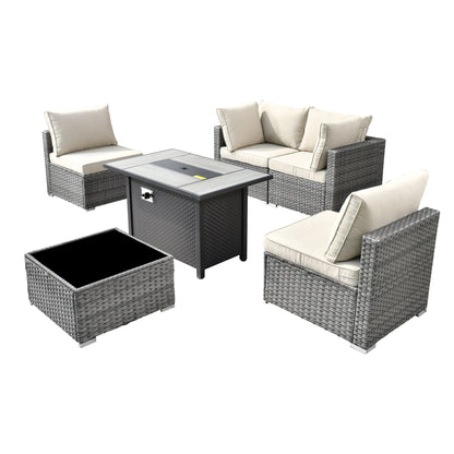 XIZZI 6-piece Patio Furniture Set Outdoor Sectional Rattan Sofa with Firepit
