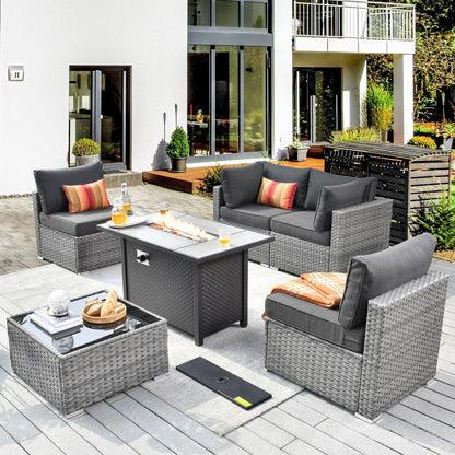 XIZZI 6-piece Patio Furniture Set Outdoor Sectional Rattan Sofa with Firepit