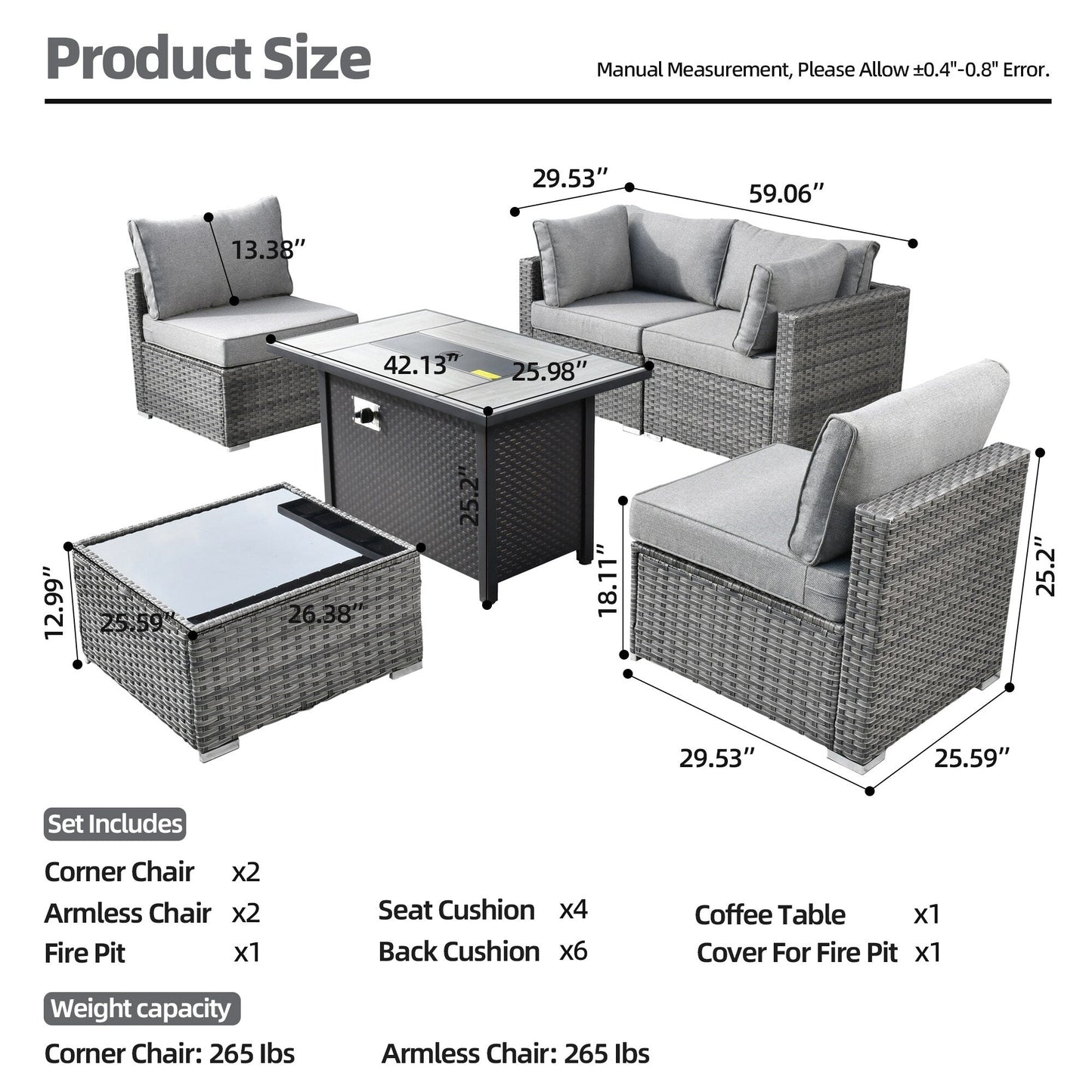 XIZZI 6-piece Patio Furniture Set Outdoor Sectional Rattan Sofa with Firepit