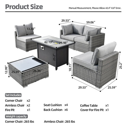 XIZZI 6-piece Patio Furniture Set Outdoor Sectional Rattan Sofa with Firepit