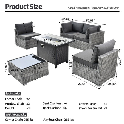 XIZZI 6-piece Patio Furniture Set Outdoor Sectional Rattan Sofa with Firepit