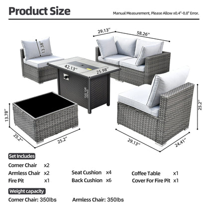 XIZZI 6-piece Patio Furniture Set Outdoor Sectional Rattan Sofa with Firepit