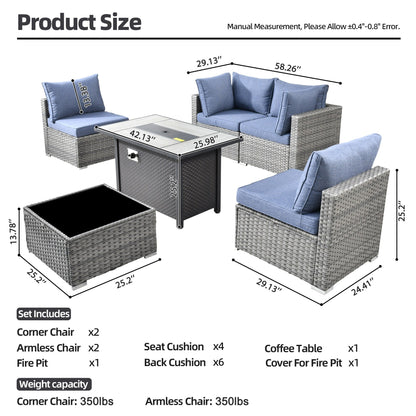 XIZZI 6-piece Patio Furniture Set Outdoor Sectional Rattan Sofa with Firepit